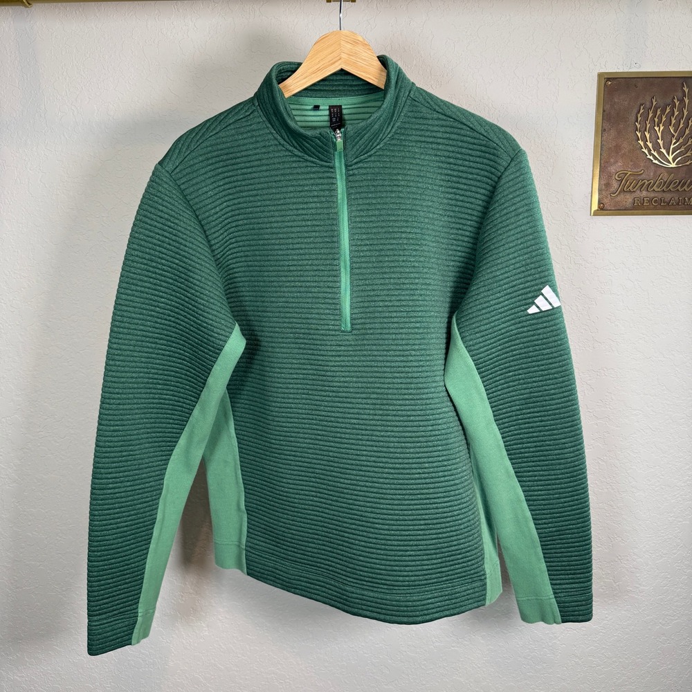 Adidas Men's Green Textured Quarter Zip Pullover Long Sleeve Athletic Sweater‎ M